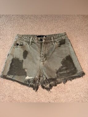 KanCan Olive Green Distressed Frayed Hem Denim Shorts